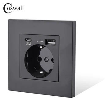 Стенни изход COSWALL EU за заземяване, черна пластмасова лента с бързо зарядно устройство Type-A и C с мощност 18 W с двоен USB DC 5V QC 3A 3.0