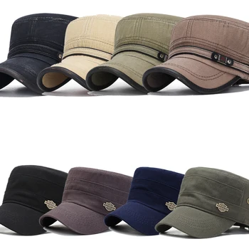 Класически ретро памук военни шапки с плосък покрив мъжки регулируеми вградени дебели шапка зимна топла шапка козирка, шапки ухото 