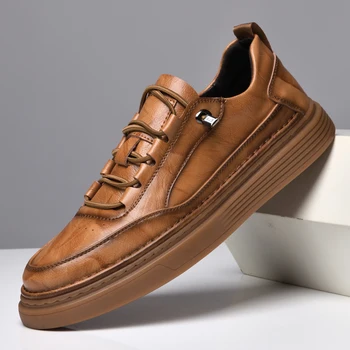 Модерен мъжки настолна обувки от естествена кожа, всесезонни мъжки ежедневни кожени обувки дантела, градинска студентски мъжки обувки за ходене