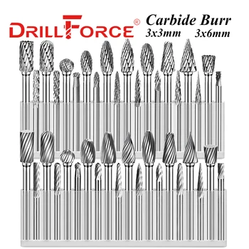 Drillforce 3x3 mm 3x6 мм Волфрам карбид Заусенец Перките на Ротационен Файл Гравиране с CNC Абразивни Метална Фигура Полиращи Инструменти