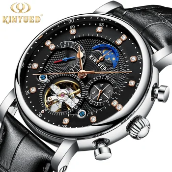 KINYUED Jinyueda автоматично модни кожени часовници с диамантена звезда, мъжки кухи механични часовници с турбийоном
