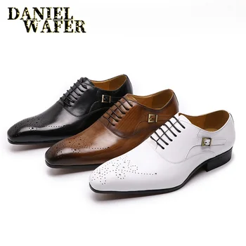 Луксозни маркови мъжки обувки-Oxfords, Офис сватбени и официални обувки, Бели, Черни, кафяви, с ръчно полирани, дантела, с остър петите, Кожени мъжки обувки