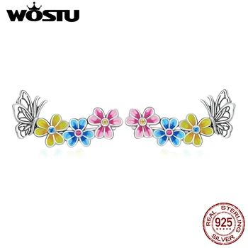 WOSTU 925 Сребро Розово Синьо, Жълто Насекомо е Пеперуда Цветя Обеци Розово За Жени Вечерни Модни Бижута Подарък CQE1393