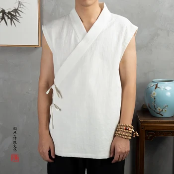 Бельо памучен яке без ръкави, мъжки костюм от епохата на тан, Кимоно, Жилетка, Мъжки Палта С Отворени Шевове, Традиционната Китайска Облекло Hanfu Men