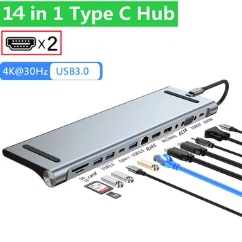 14 в 1 USB хъб 3.0 е Мулти USB сплитер 5 порта USB 3,0 2,0 4K60Hz 2 HDMI-съвместим за Xiaomi Macbook Pro PC Център Type C Газа